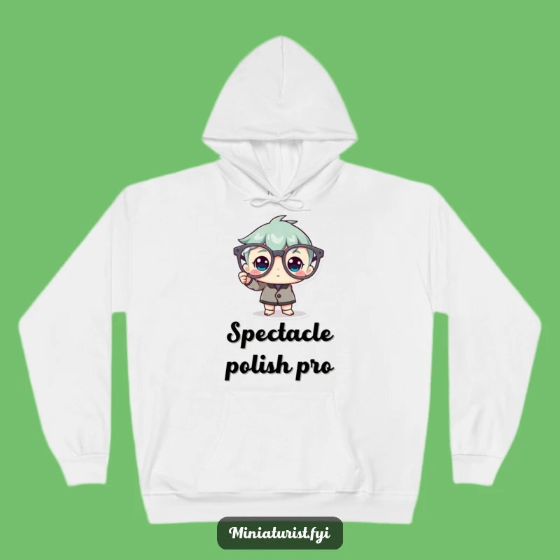 Funny Spectacle Polisher Hoodie: Cozy Tiny Character with Giant Glasses, Warm Gift