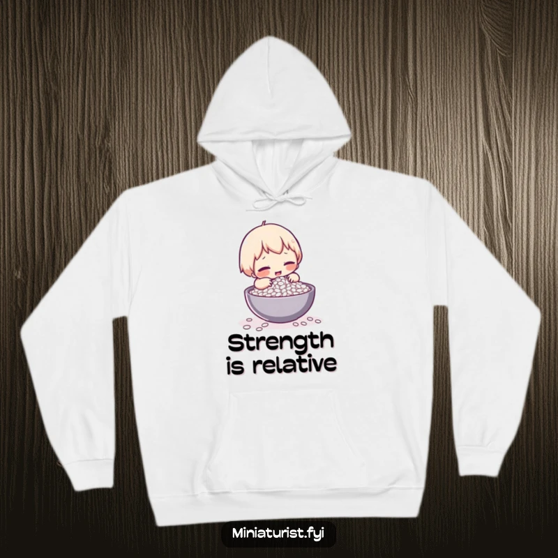 Funny hoodie with a tiny character comically struggling to lift a single grain of rice, emphasizing effort and humor.