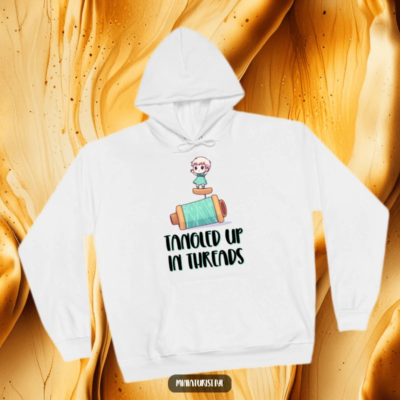 Funny hoodie illustrating a miniaturist character humorously balancing on a giant spool of thread, perfect for cozying up.