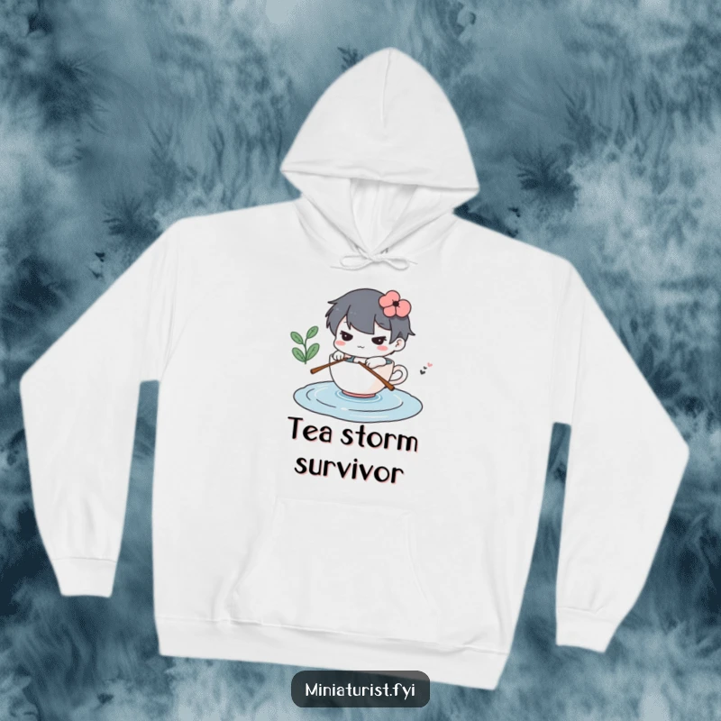 Funny hoodie showing a determined miniature character rowing a teacup across a puddle, cozy and inspiring.