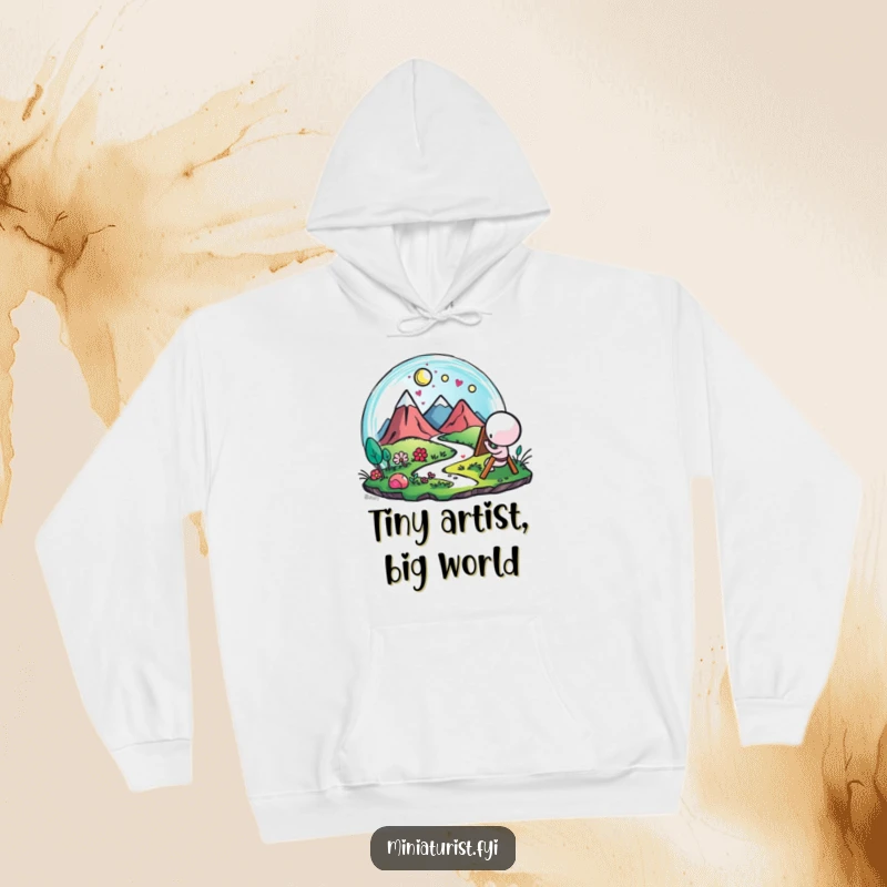 Funny Artist Landscape Hoodie, cozy sweatshirt with a tiny figure painting a microscopic landscape with happy brushstrokes, for artists.