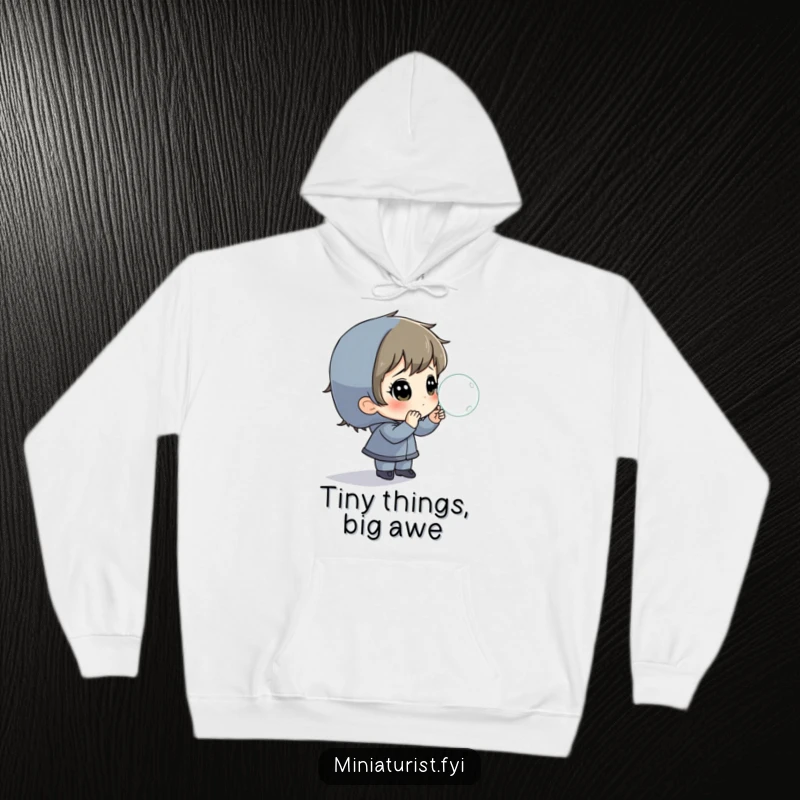 Funny Hoodie showing a tiny person captivated by a magnified dewdrop, evoking feelings of peace and wonder.