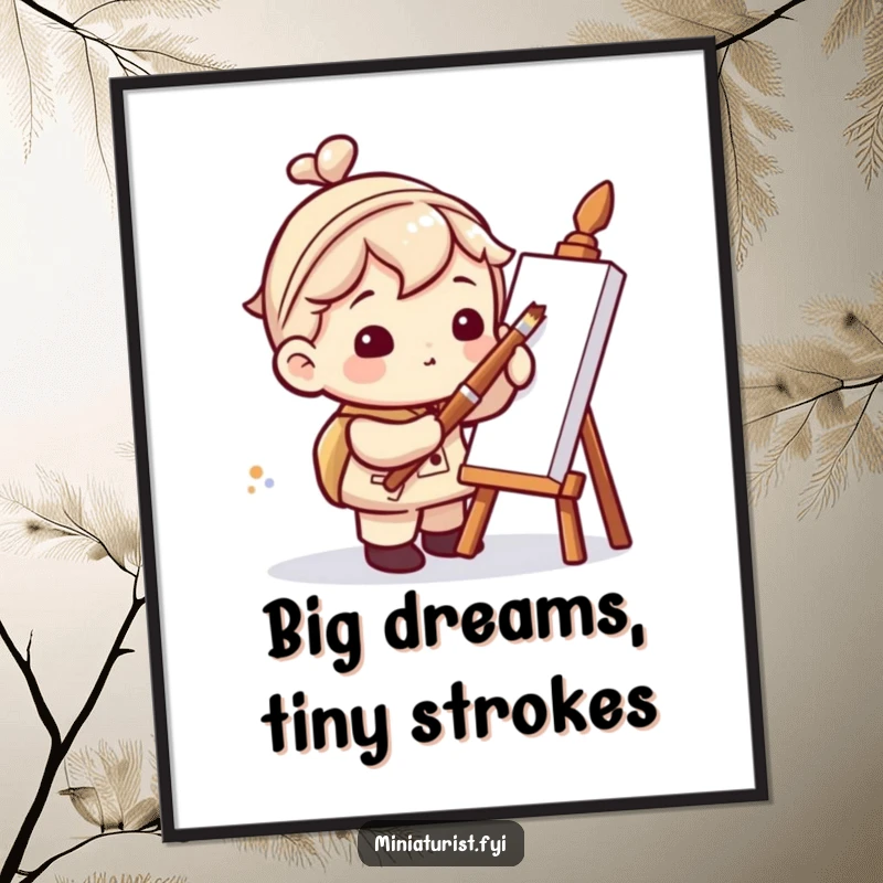 Funny Free Printable Wall Art: Miniature artist with a giant paintbrush focused on painting a tiny dot, whimsical and humorous.