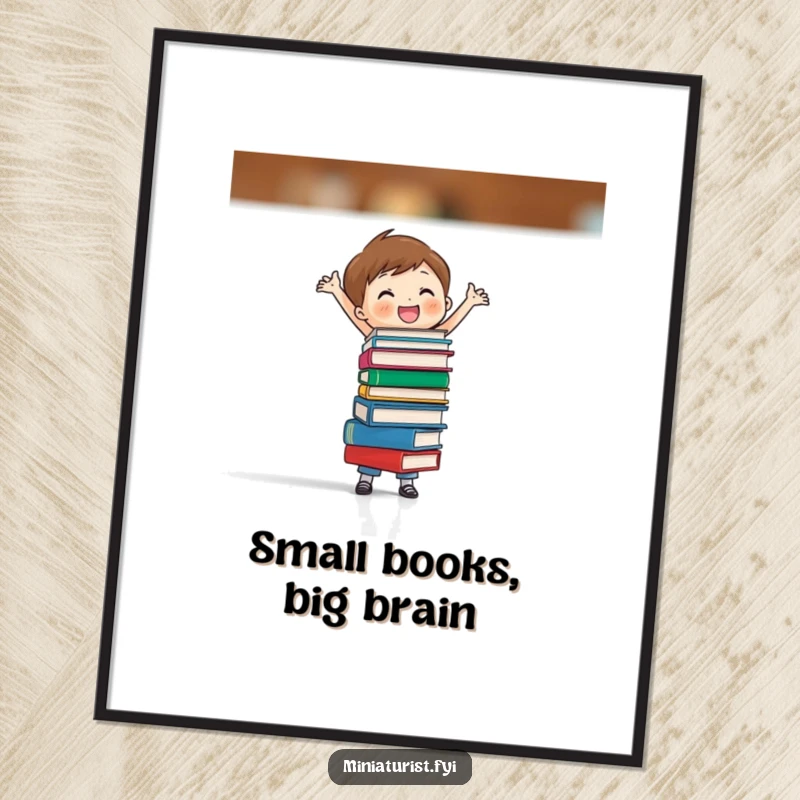 Funny Free Printable Wall Art: A tiny figure joyfully balances a stack of impossibly small books, creating a whimsical display.