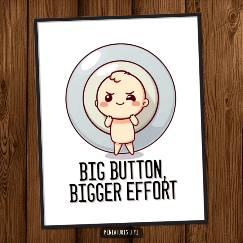 Funny Free Printable Wall Art of a small, determined character attempting to push a colossal button, symbolizing ambition and humor.