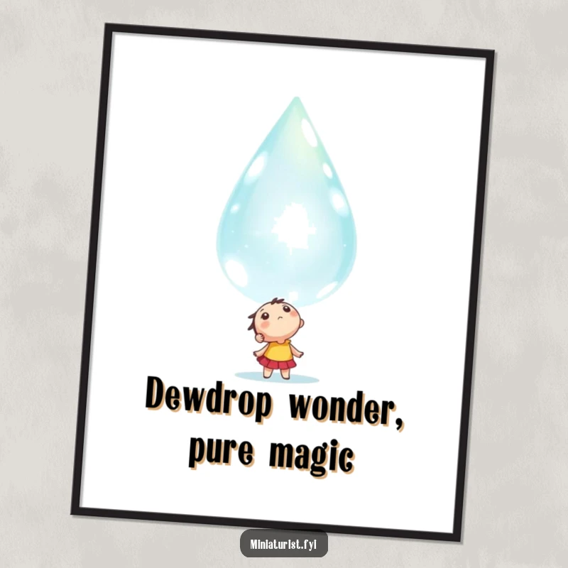 Funny Free Printable Wall Art: Tiny character mesmerized by a colossal, sparkling dewdrop, enchanting decor.