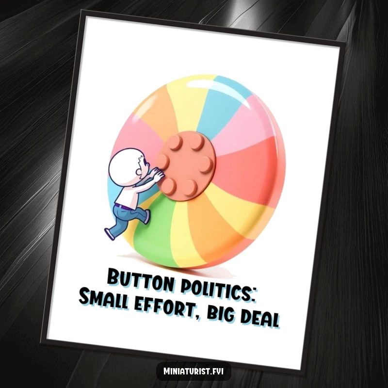 Funny Free Printable Wall Art of a tiny character putting in maximum effort to lift an oversized, vibrant, colorful button.