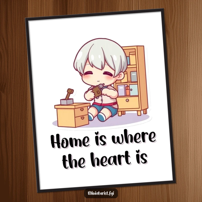 Funny Free Printable Wall Art: A tiny character concentrating on adjusting a miniature piece of furniture with a small tool.