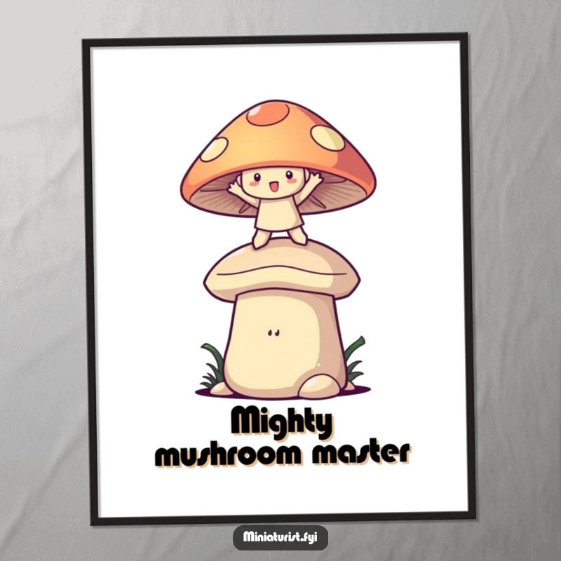 Funny Free Printable Wall Art of a small character balancing on a giant mushroom cap, embodying playful, whimsical energy.