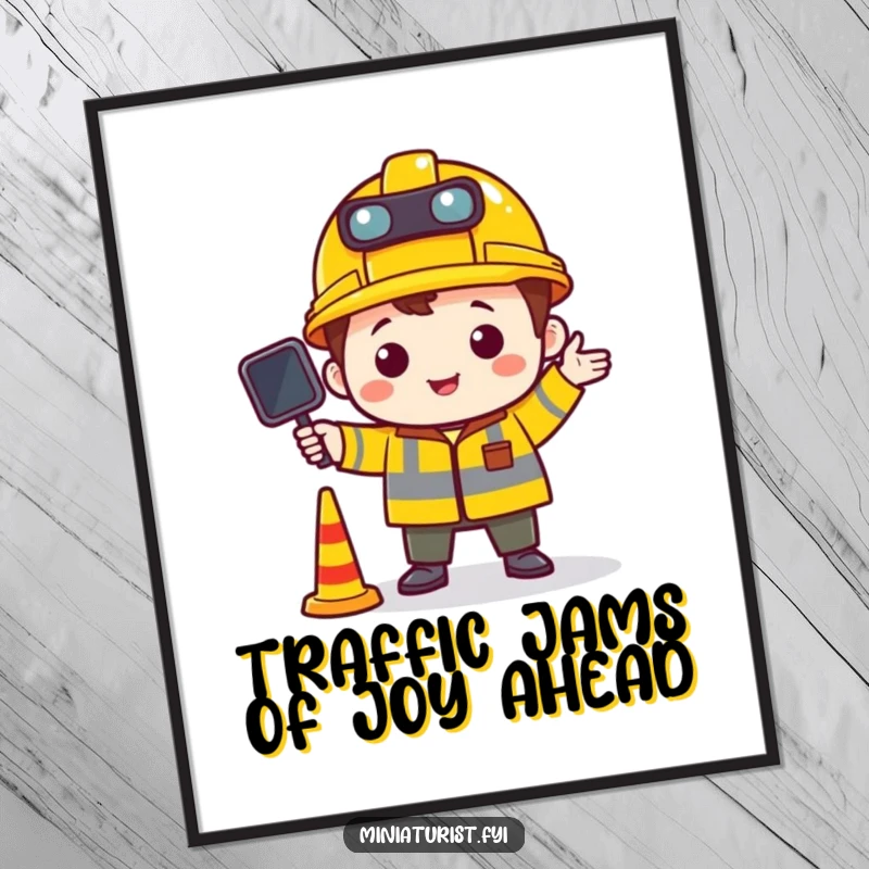 Funny free printable wall art: a small character in a construction hat skillfully directs tiny vehicles, adding playful order to the scene.