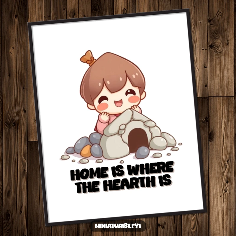 Funny free printable wall art: a cute character happily builds a small house entirely out of pebbles, radiating industrious charm.