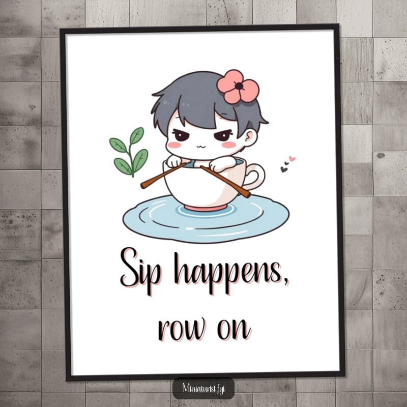 Funny Free Printable Wall Art: A determined miniature character rows a teacup across a puddle, symbolizing a grand adventure.