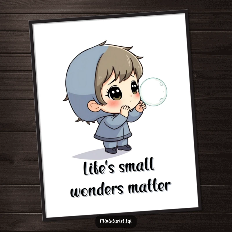 Funny Free Printable Wall Art: Small character shows wide-eyed wonder observing a magnified dewdrop, a downloadable piece of art.