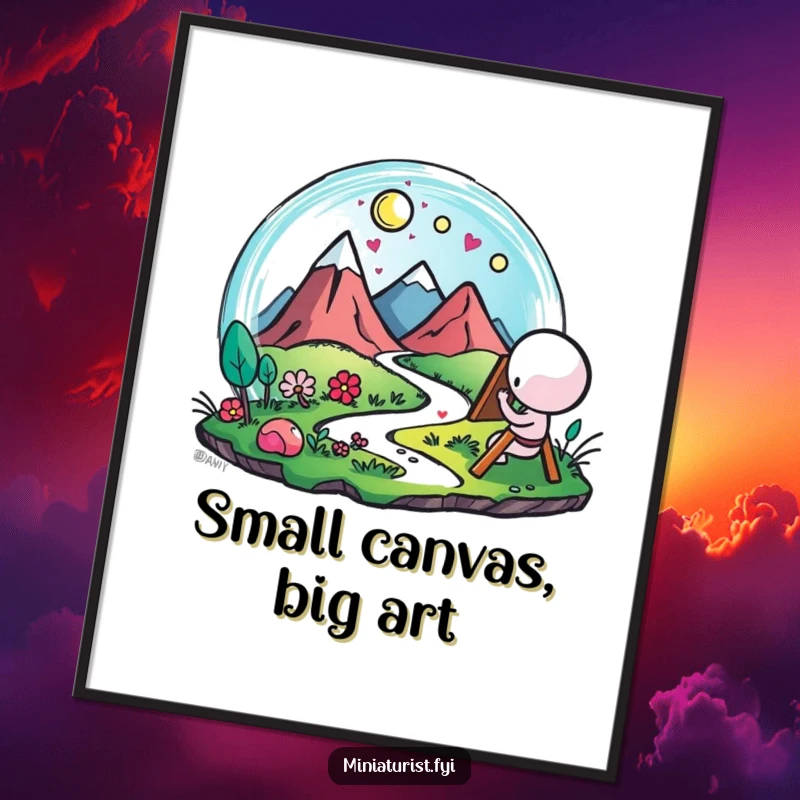 Funny Free Printable Wall Art: A small, happy figure painting a detailed microscopic landscape with vibrant strokes.