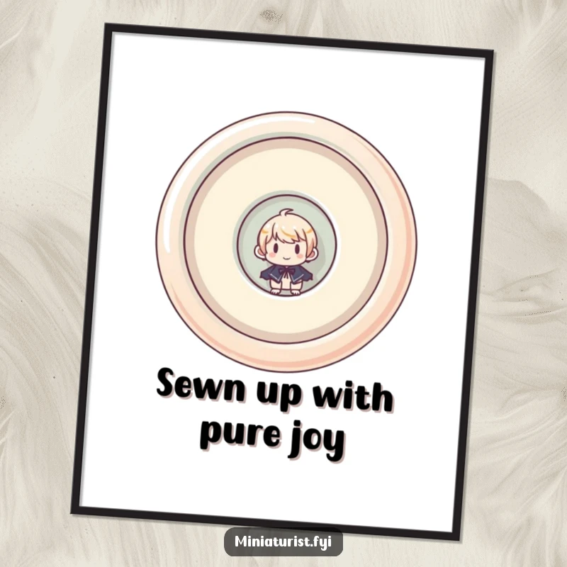 Funny Free Printable Wall Art: Miniature character peeking from inside a colossal, upside-down button, whimsical and amusing.