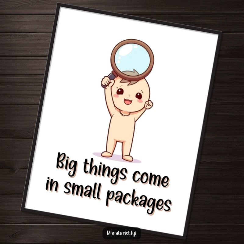 Funny Free Printable Wall Art of a tiny figure triumphantly holding a comically large magnifying glass aloft, ready to discover.