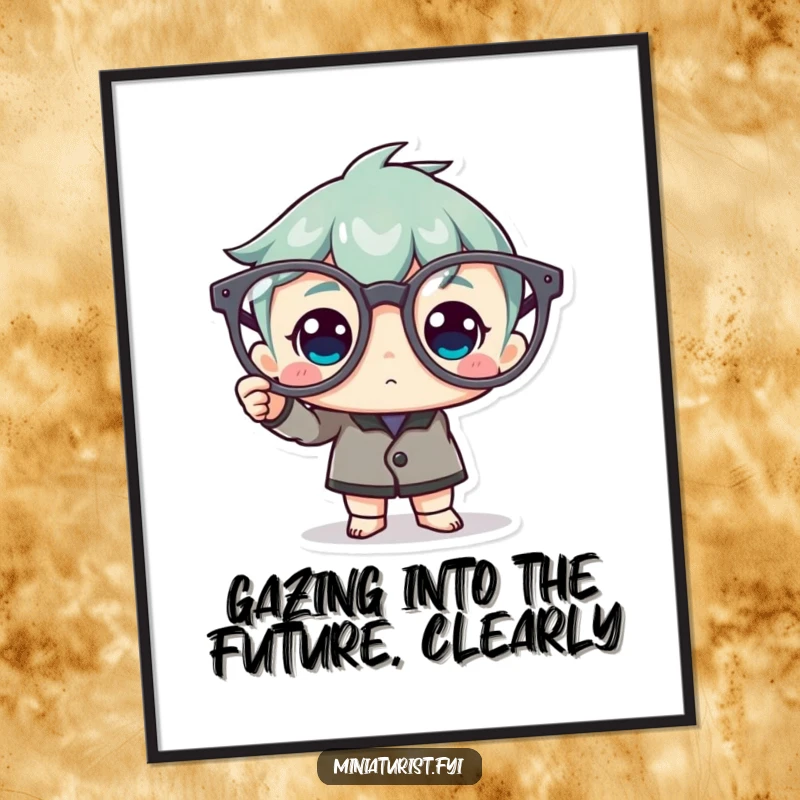 Funny Free Printable Wall Art: Miniature character proudly polishing gargantuan spectacles, adding a touch of humor and clarity to decor.