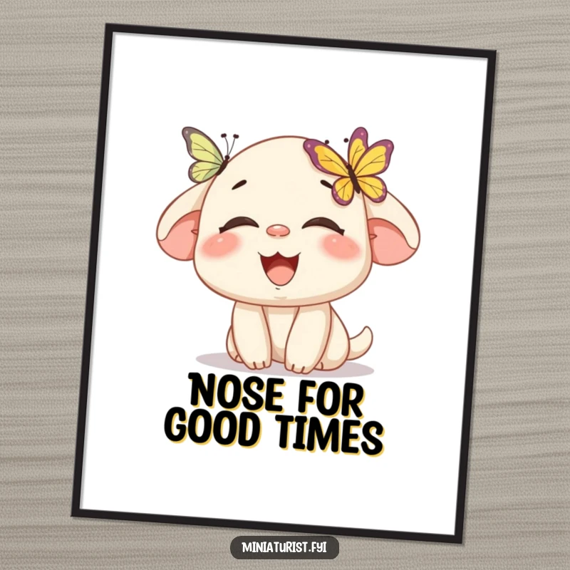 Funny Free Printable Wall Art: A small character giggles uncontrollably as a tiny butterfly lands right on its nose, a scene of adorable mirth.