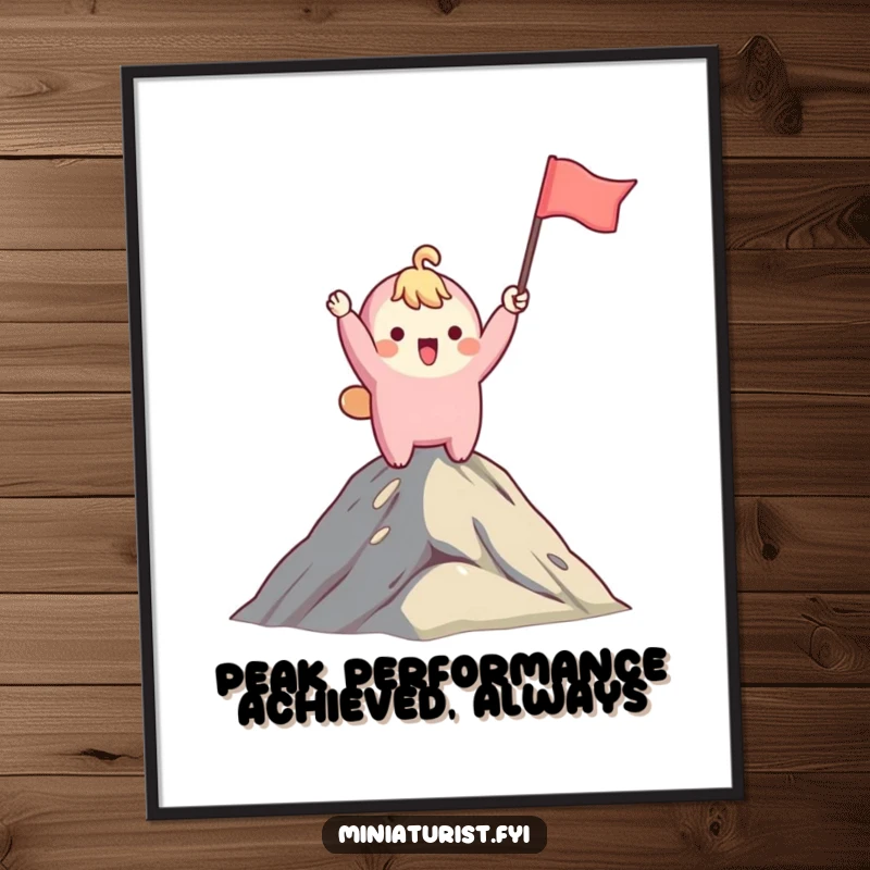 Funny Free Printable Wall Art: Adorable character proudly waves a tiny flag from a mountaintop, exuding fun and achievement.