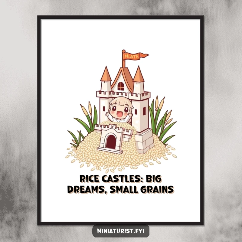 Funny Free Printable Wall Art: Tiny character meticulously building an impressive castle from individual grains of rice.