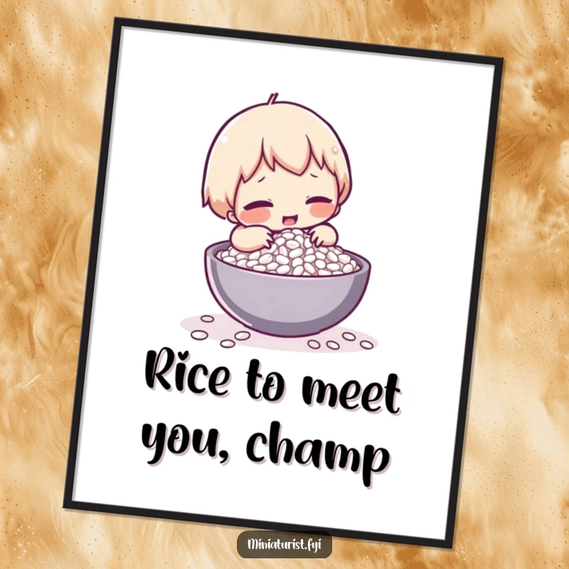 Funny Free Printable Wall Art: Tiny character heroically, yet comically, struggles to lift a single grain of rice, a true feat.