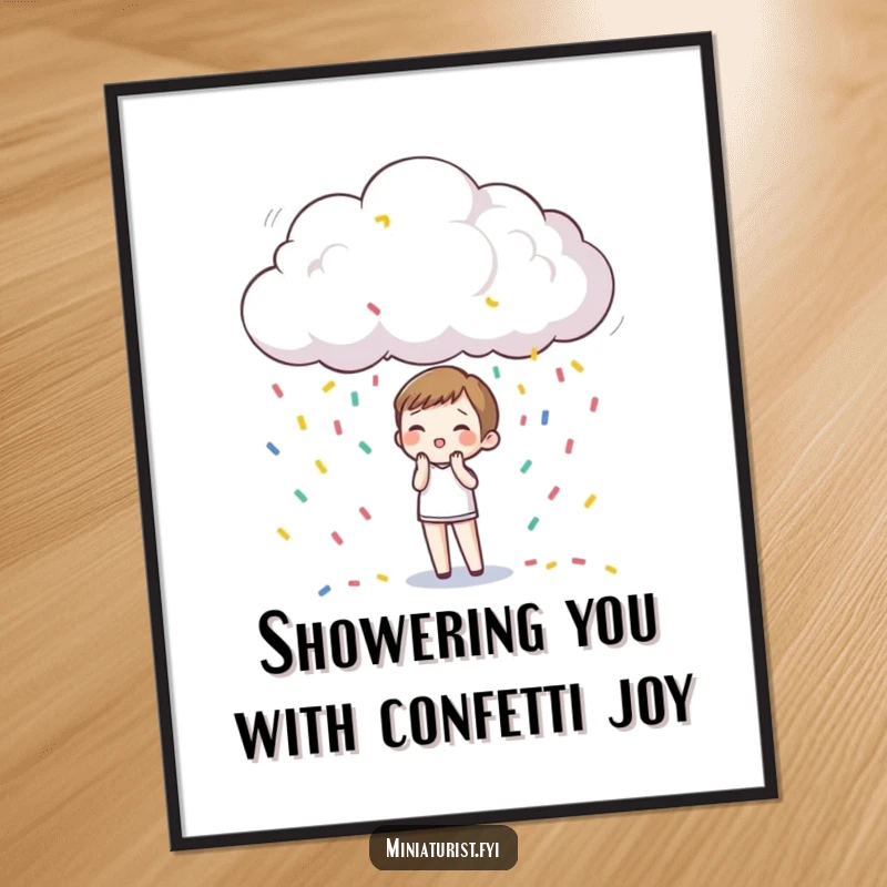 Funny Free Printable Wall Art: Tiny figure surprised by a miniature raincloud making colorful confetti fall, creating a festive scene.