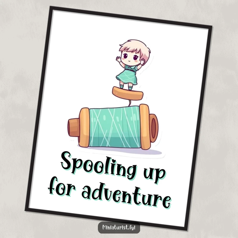 Funny Free Printable Wall Art: Miniature character balancing with great effort on a huge spool of thread, comedic art.