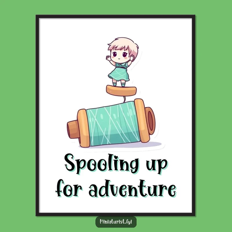 Funny Free Printable Wall Art: Mini Acrobat on Thread Spool, Quirky Downloadable Decor