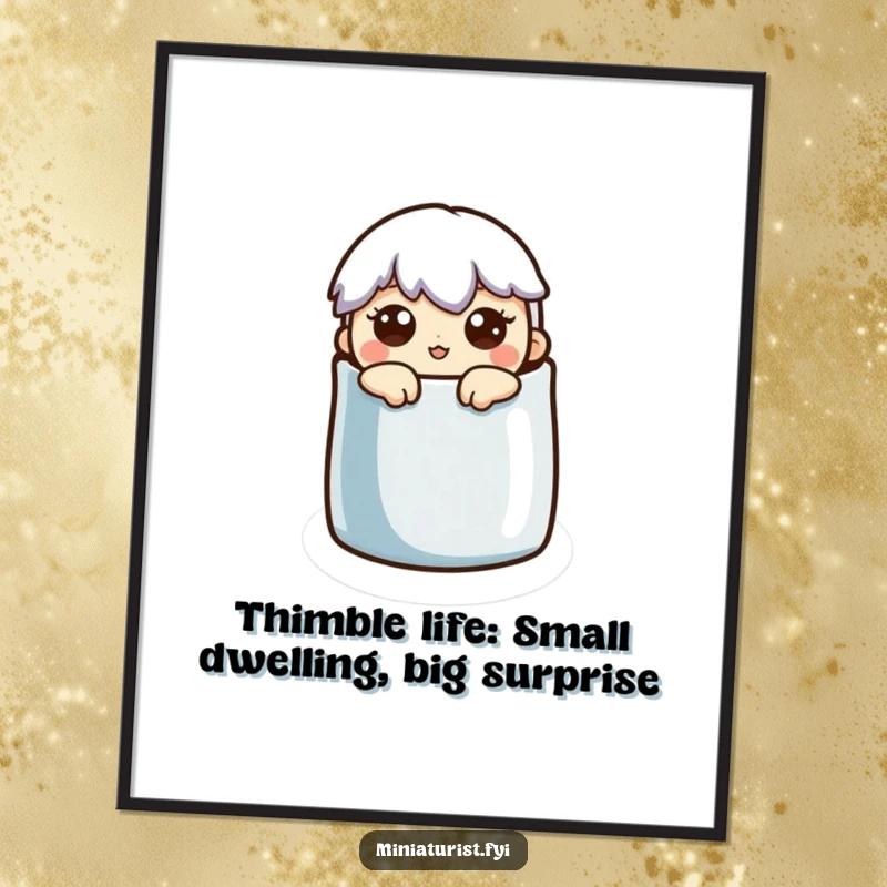 Funny Free Printable Wall Art of a tiny character peeking out from a thimble with a comically surprised and wide-eyed expression.