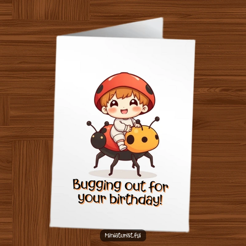 Funny Free Printable Birthday Card: A tiny figure gleefully rides a ladybug, celebrating with a smile.