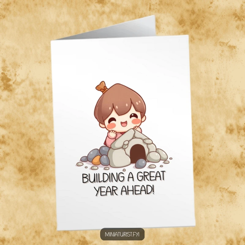 Funny free printable birthday card: a cute character happily constructs a small house using little pebbles, a symbol of effort.