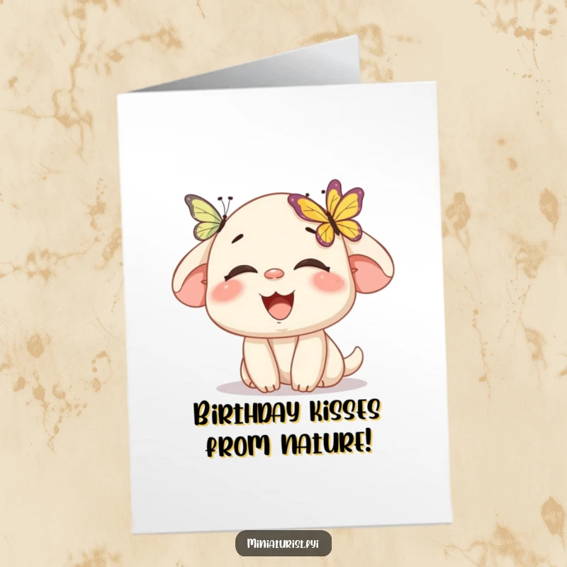 Funny Free Printable Birthday Card: Miniature character laughs as a tiny butterfly lands playfully on its nose, a scene of pure joy.