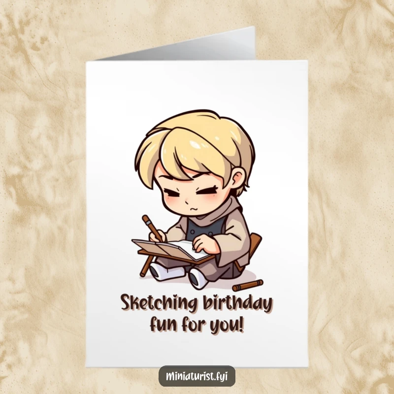 Funny Free Printable Birthday Card: Miniature artisan with a determined expression, sketching intently on a tiny notepad.