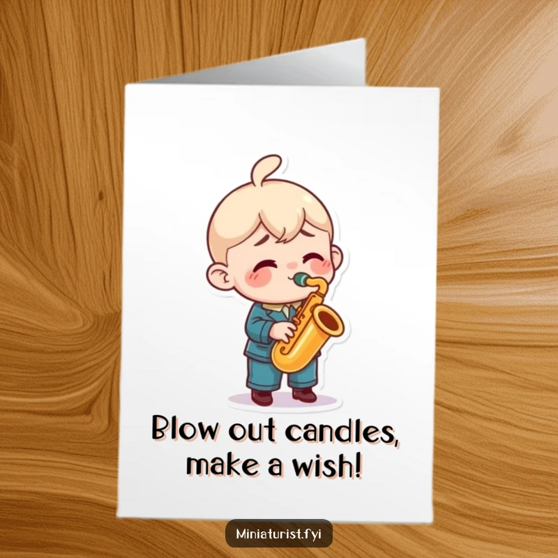 Funny Free Printable Birthday Card: A tiny character plays a miniature saxophone with intense enthusiasm and joyful, energetic musical vibes.