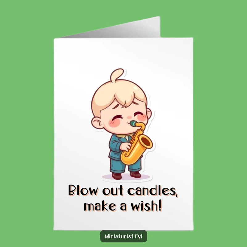 Free Printable Birthday Card: Enthusiastic Tiny Saxophonist, Jazzy Fun, Downloadable Humorous Gift