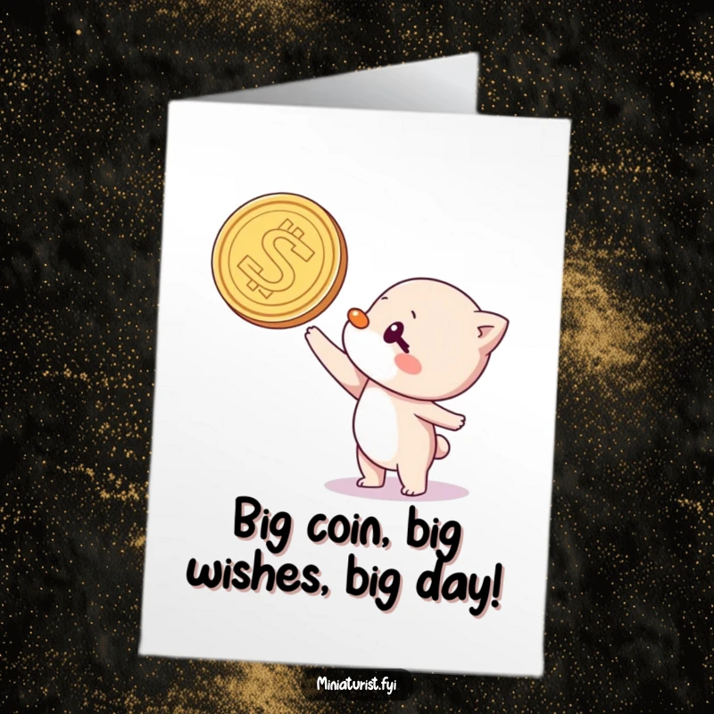 Funny free printable birthday card: a tiny character struggles comically balancing a massive coin on its nose, a true test of luck.