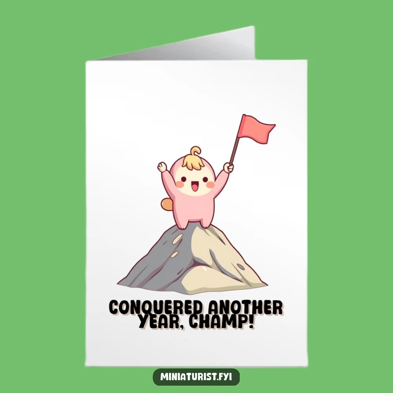 Free Printable Birthday Card: Funny Mountaintop Flag Character - Hilarious Downloadable Gift