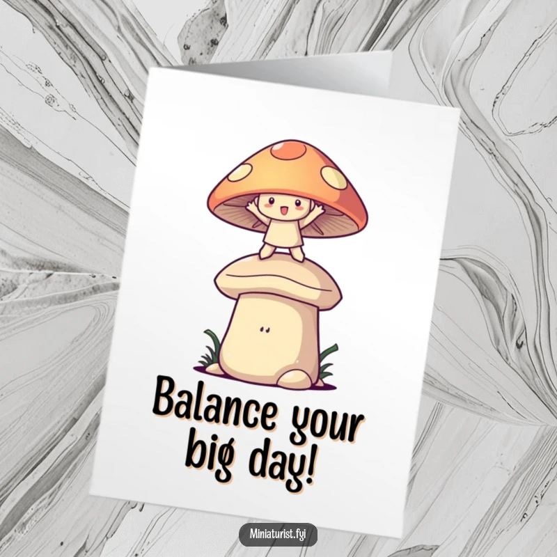 Funny Free Printable Birthday Card showing a small character balancing on a huge mushroom cap, arms outstretched in playful joy.
