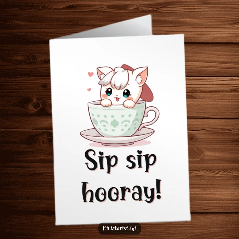 Funny Free Printable Birthday Card: Cute Character Playfully Peeking Out of a Tiny Teacup, Offering Birthday Cheer.