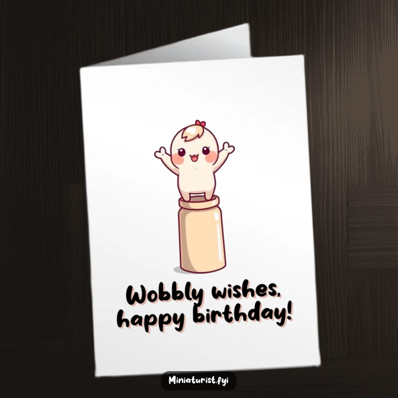 Funny Free Printable Birthday Card: Tiny character wobbles on a thimble, waving wildly, a humorous DIY gift.