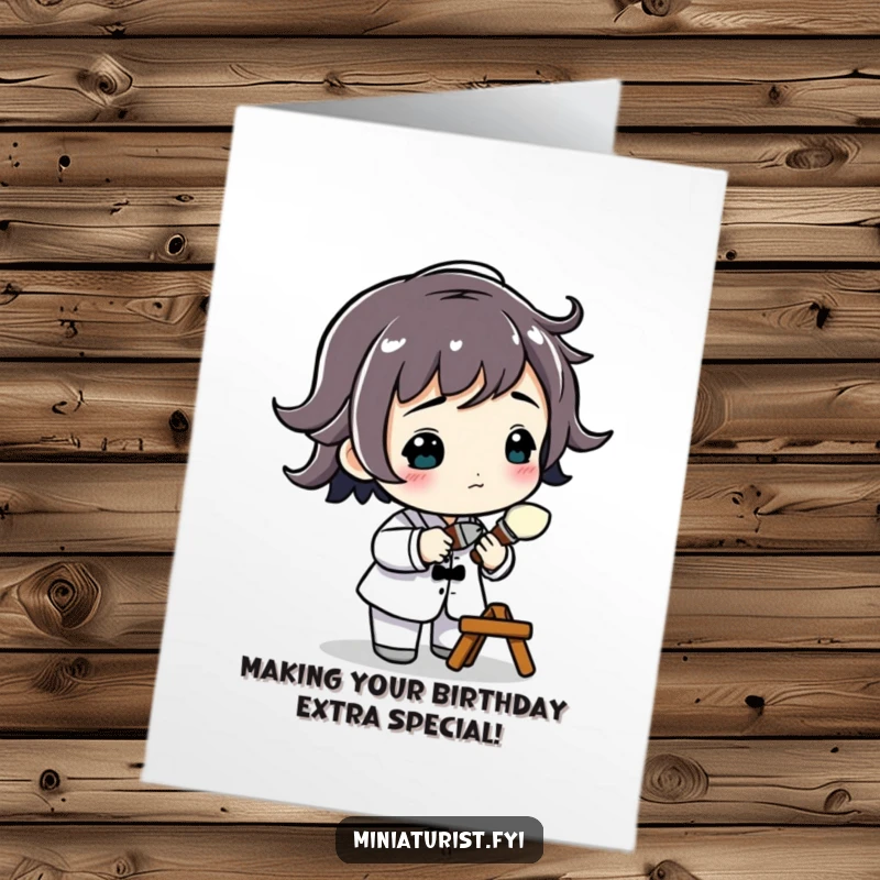 Funny Free Printable Birthday Card: Small figure with a tiny paintbrush, focused on adding a minute detail.