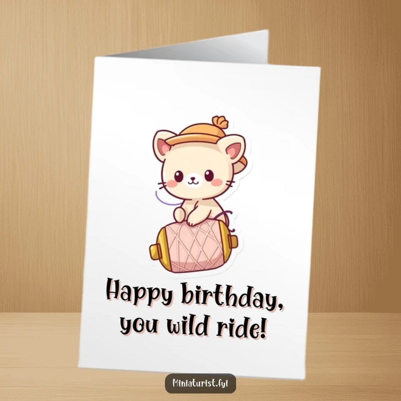 Funny Free Printable Birthday Card featuring a cute animal character in a tiny hat riding a spool of thread gone wild.
