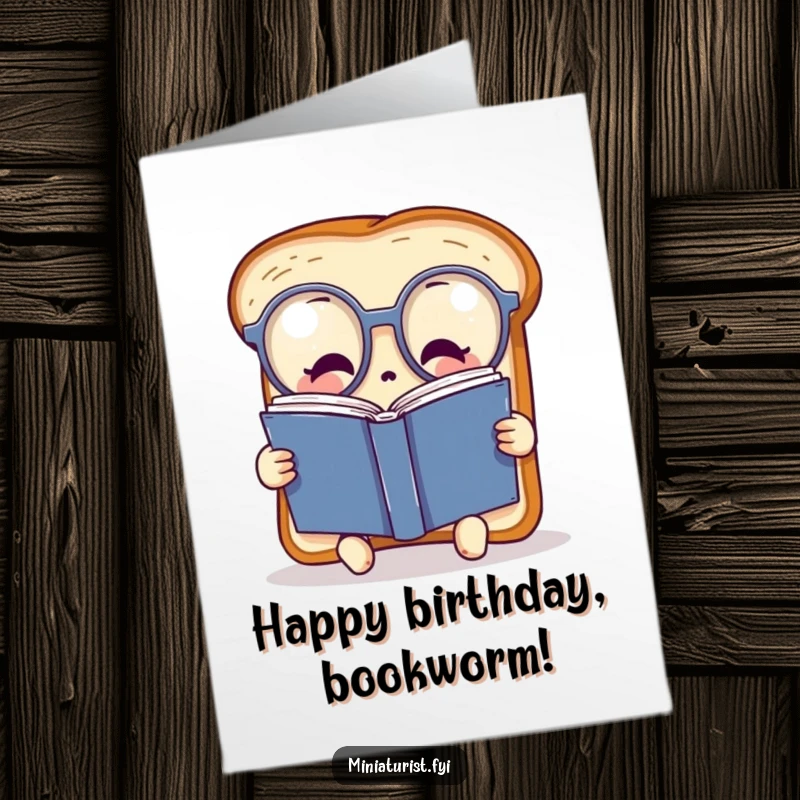 Funny Free Printable Birthday Card featuring a slice of toast in big glasses reading a huge book, wishing a smart happy birthday.