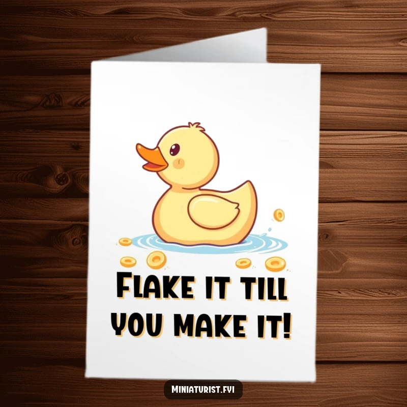 Funny Free Printable Birthday Card: A tiny rubber ducky frantically paddles a giant cereal flake in a humorous greeting.