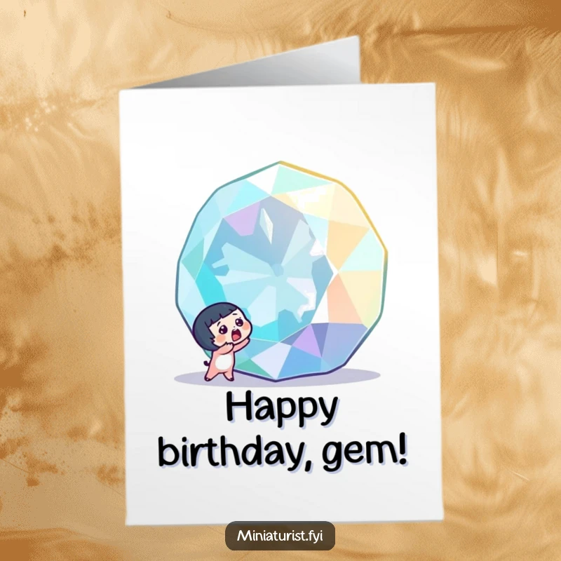 Funny free printable birthday card: tiny character gasping in awe at a colossal, sparkling gemstone, pure wonder.