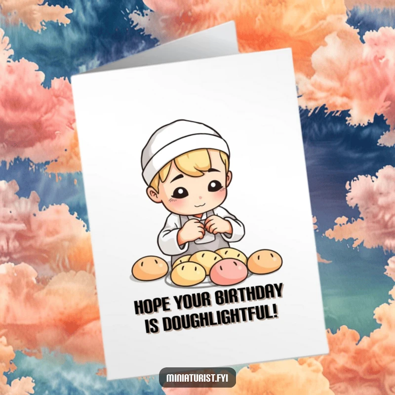 Funny Free Printable Birthday Card: Small baker shaping tiny clay bread loaves with playful concentration and a smile.