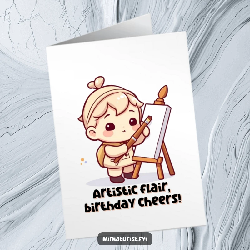 Funny Free Printable Birthday Card featuring a tiny artist with a giant paintbrush creating a minuscule dot, a comical scene.