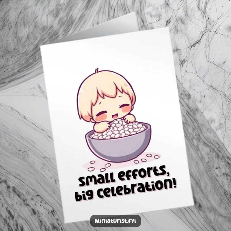 Funny Free Printable Birthday Card: Tiny character hilariously fails to lift a single grain of rice, showing immense effort.