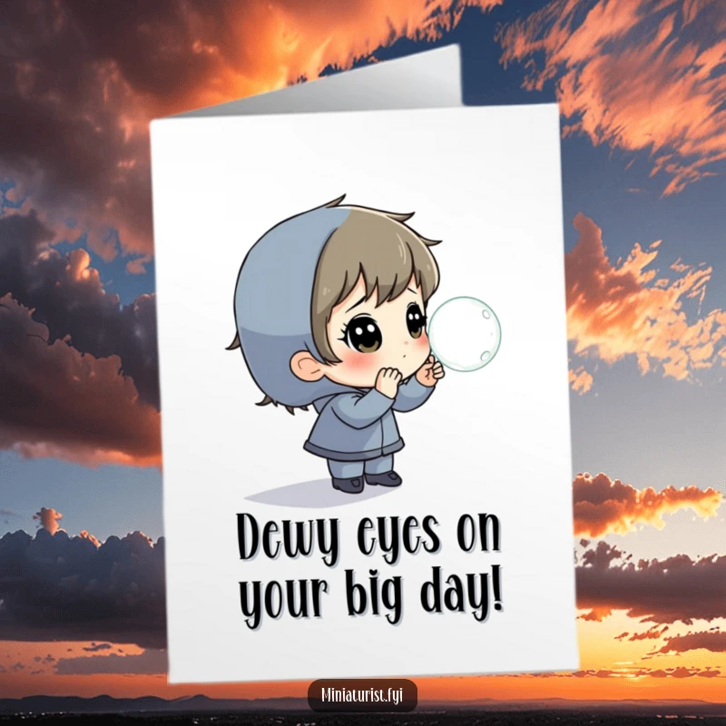 Funny Free Printable Birthday Card with a tiny character marveling at a giant dewdrop, full of awe and printable joy.