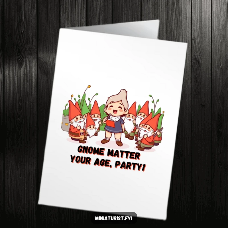 Funny Free Printable Birthday Card: Miniature conductor leading a garden gnome orchestra with wild enthusiasm, perfect for a quirky celebration.